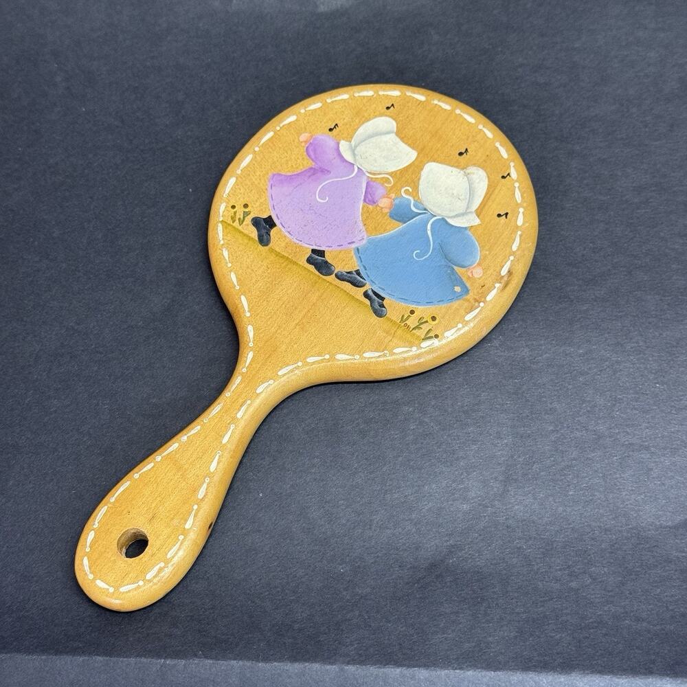 Vtg Hand Painted Wooden Beveled Hand Mirror Children Girls Vanity Mirror Signed‎